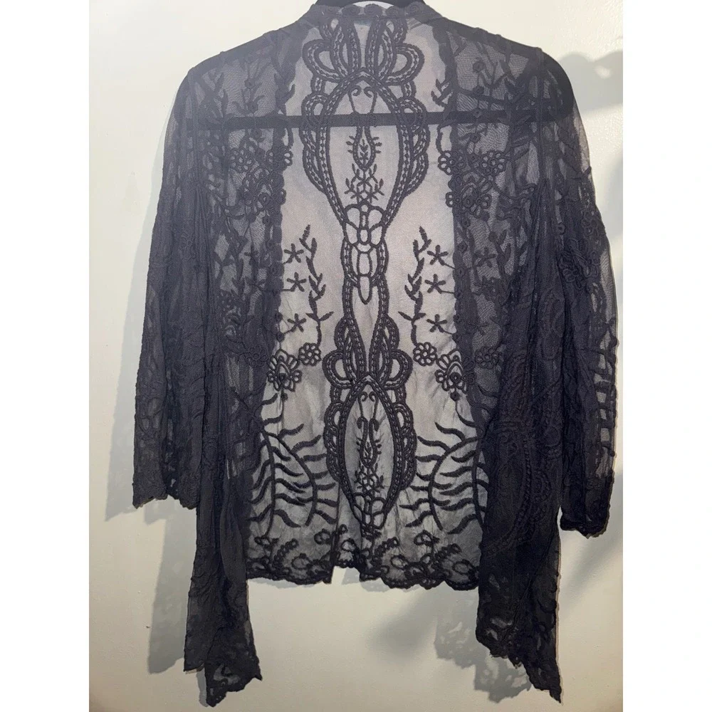 Sundance Women Charcoal Grey Sheer Floral Lace Open Front Kimono Cardigan Large - Picture 9 of 9